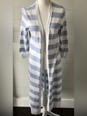 Talbots Pima Cotton Open Front Cardigan Duster Sweater S Small blue white stripe